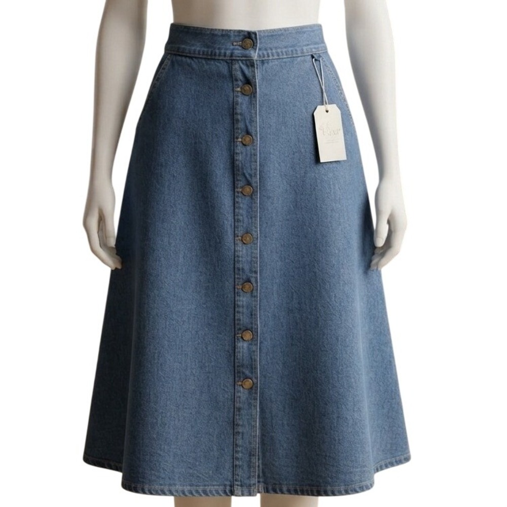 Time and Tru Women XXL 20 Medium Wash Denim Midi Button Front A-Line Skirt NWT